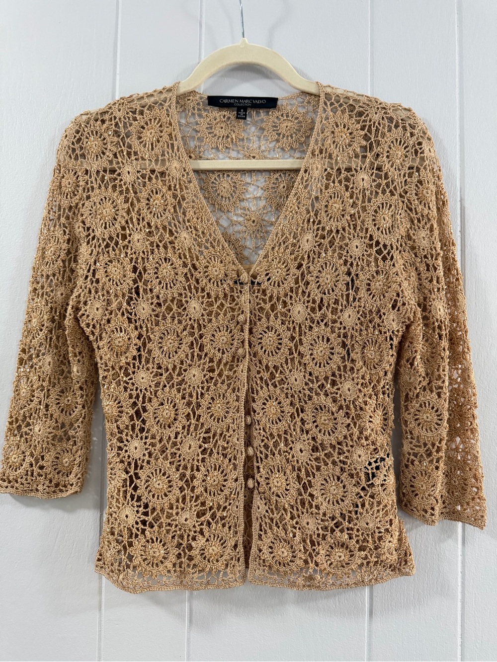 Carmen Marc Valvo Collection Tan Crochet Button-Up Cardigan w/Tank Top Under